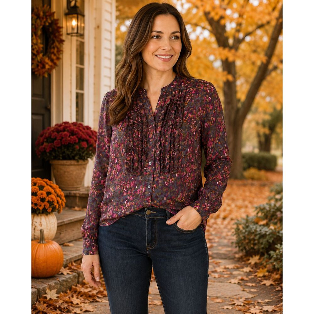 J.Crew Size 12 100% Silk Floral Ruffle Button Front Blouse Sheer Long Sleeve #17